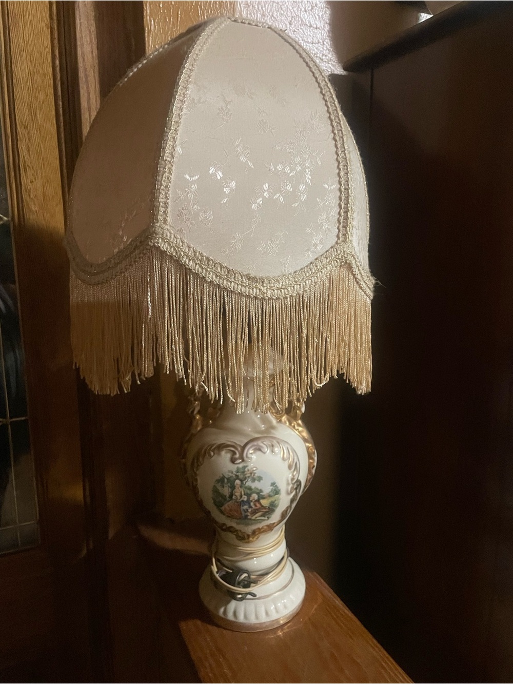 Vintage Cream Fringed Fabric Table Lamp with Decorative Porcelain Base